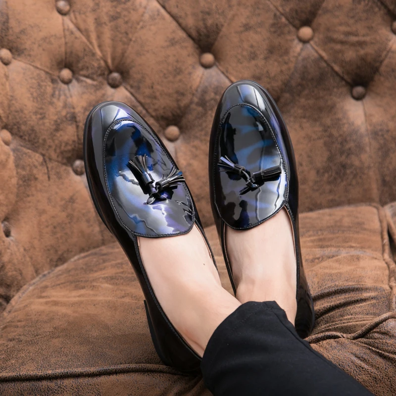 Elegant blue leather loafers for men, Sterling Midnight style, perfect for special occasions.