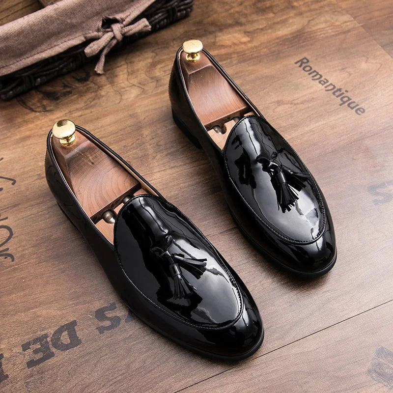 Men's comfortable dress loafers, polished black leather, perfect for formal events.