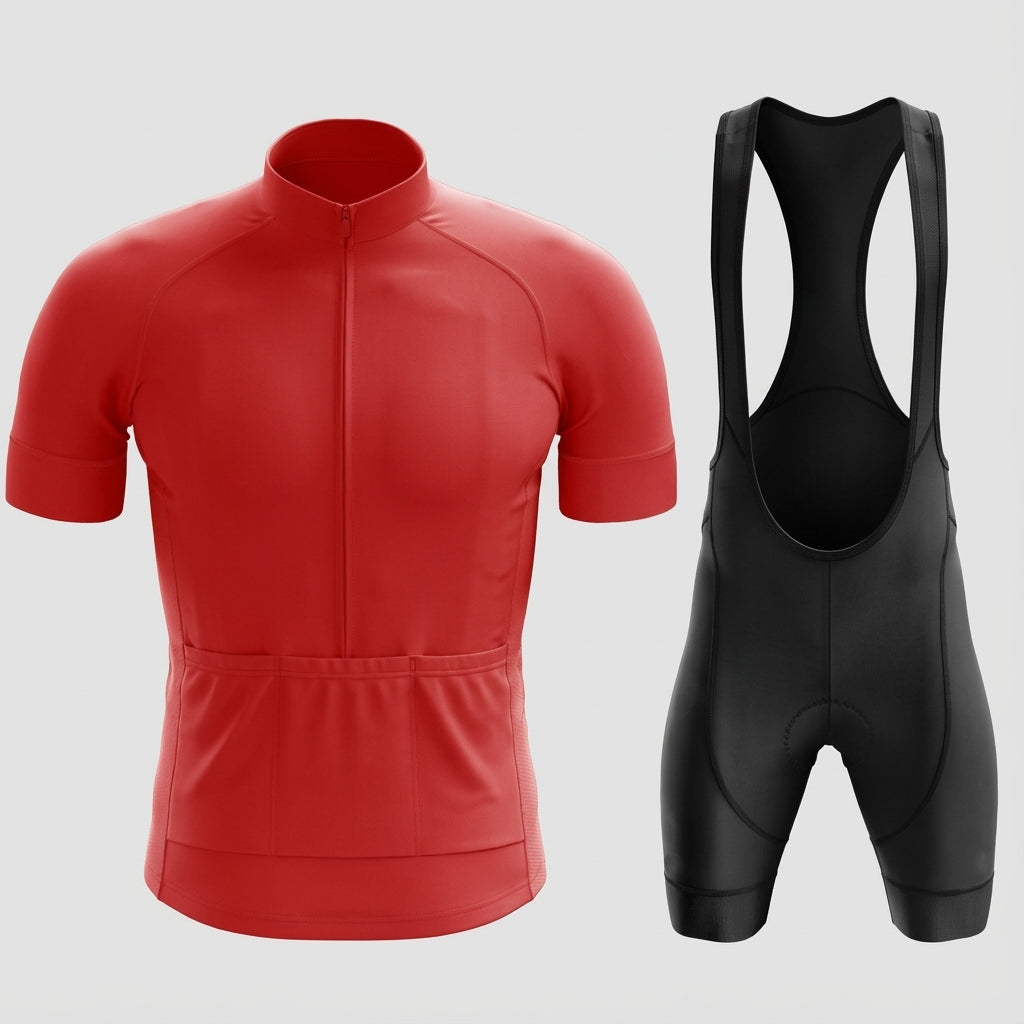 Front view of men's Steven short-sleeve cycling jersey and padded bib shorts kit, breathable sportswear