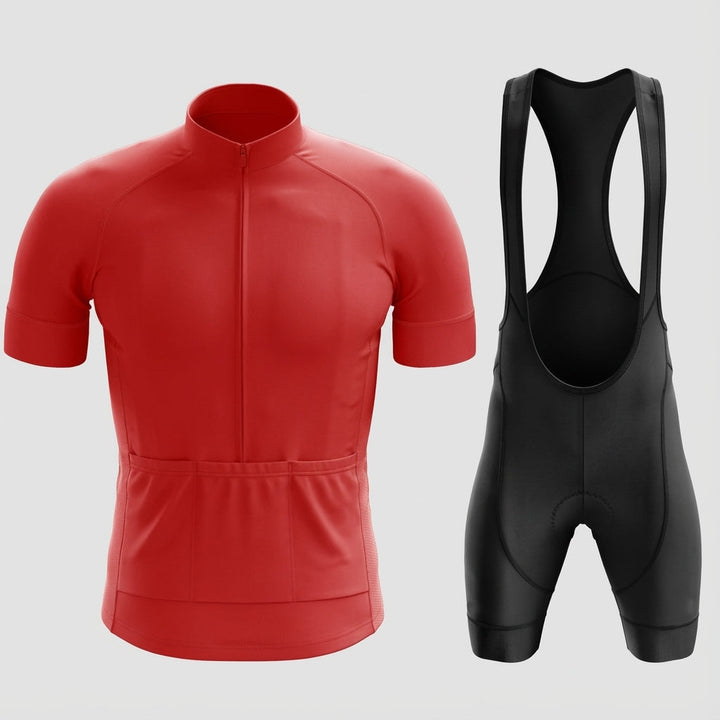 Front view of men's Steven short-sleeve cycling jersey and padded bib shorts kit, breathable sportswear