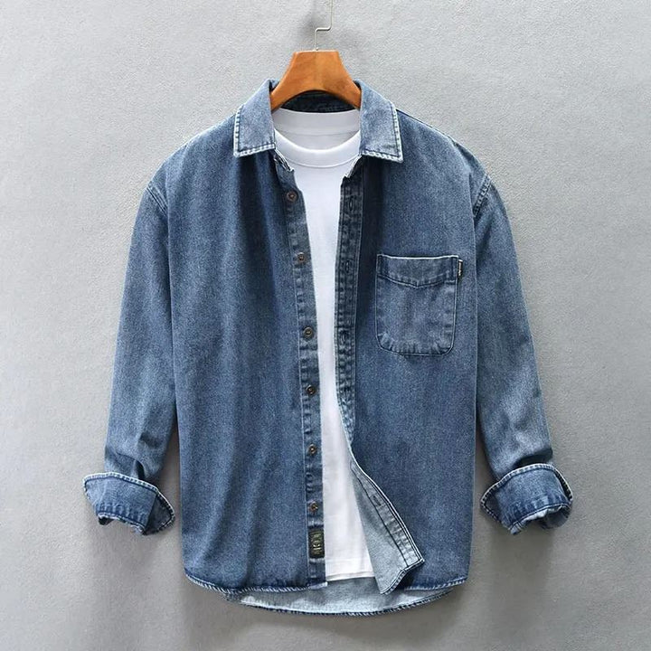 Stylish men's long sleeve casual shirt; a comfortable stone-washed top in a relaxed fit for daily wear.