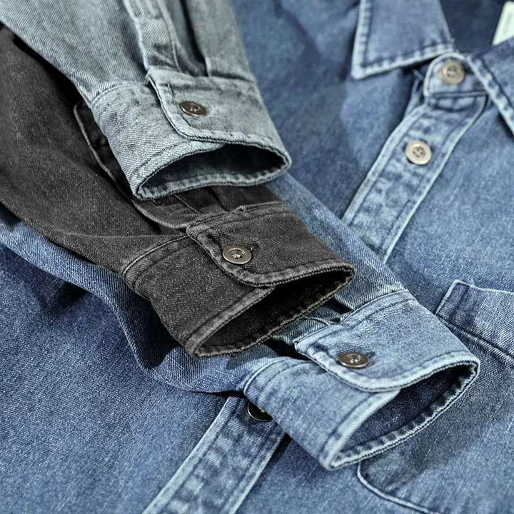 Button-down men's stone-washed shirt, a vintage style long sleeve casual top ideal for versatile layering.