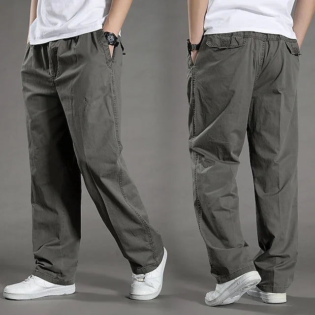 Men's straight fit cargo pants with elastic waist. Comfortable multi-pocket utility trousers for casual wear.