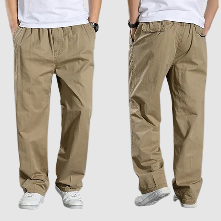 Black men's straight fit cargo pants. Elastic waist and multiple pockets make them ideal for outdoor and casual wear.