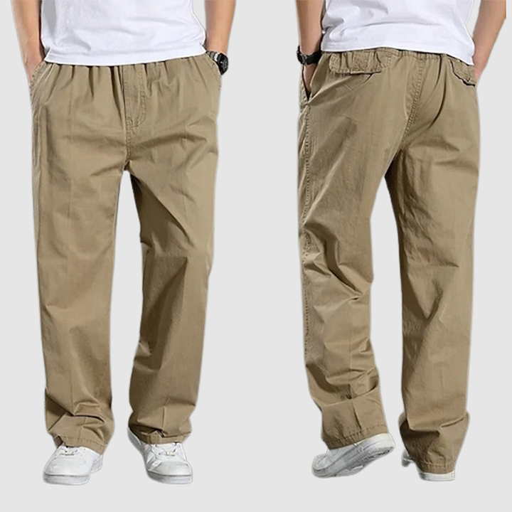 Black men's straight fit cargo pants. Elastic waist and multiple pockets make them ideal for outdoor and casual wear.