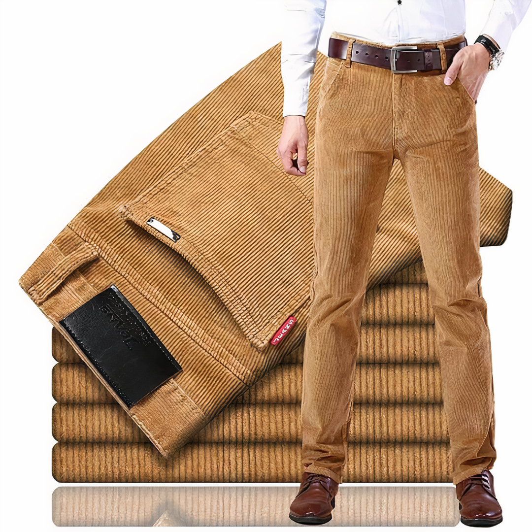 Men's straight fit ribbed texture jeans. Classic style, comfortable for everyday wear.