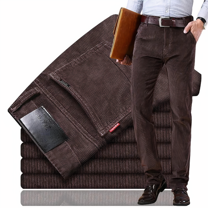 Black men's straight fit ribbed texture jeans. Classic casual pants with comfortable fit.