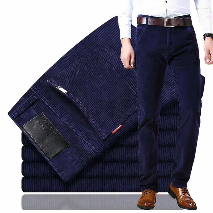 Dark blue men's straight fit ribbed texture jeans. Versatile fashion for everyday style.