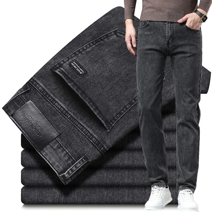 Men's straight-leg stretch denim jeans, modern fit for comfortable casual wear.