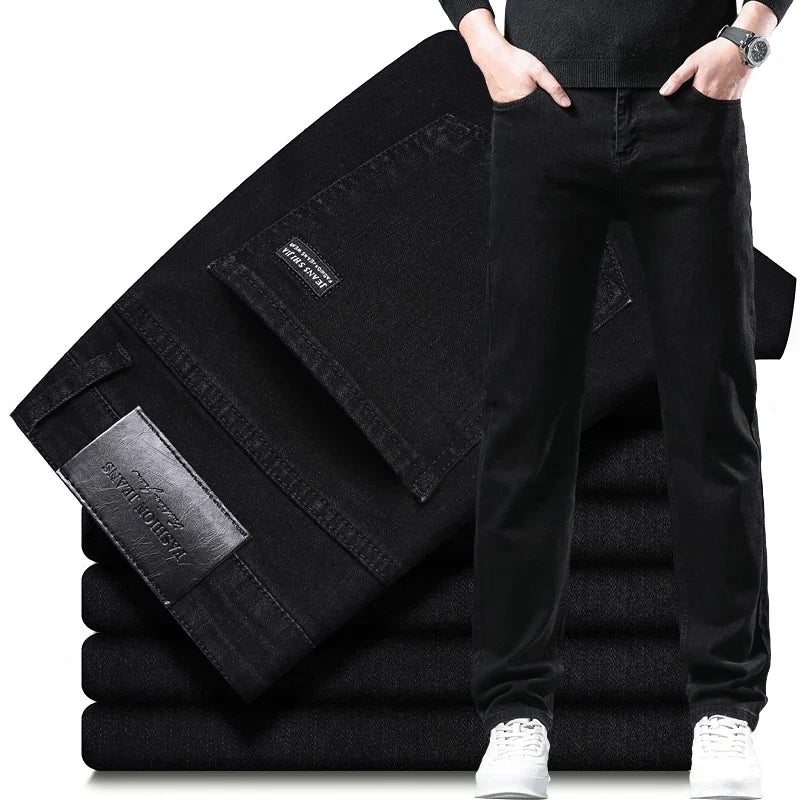 Durable black straight-leg stretch denim jeans for men, perfect for versatile casual fashion.