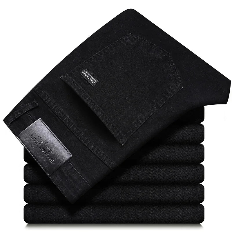 Versatile black men's straight-leg stretch denim jeans, durable and perfect for any casual look.