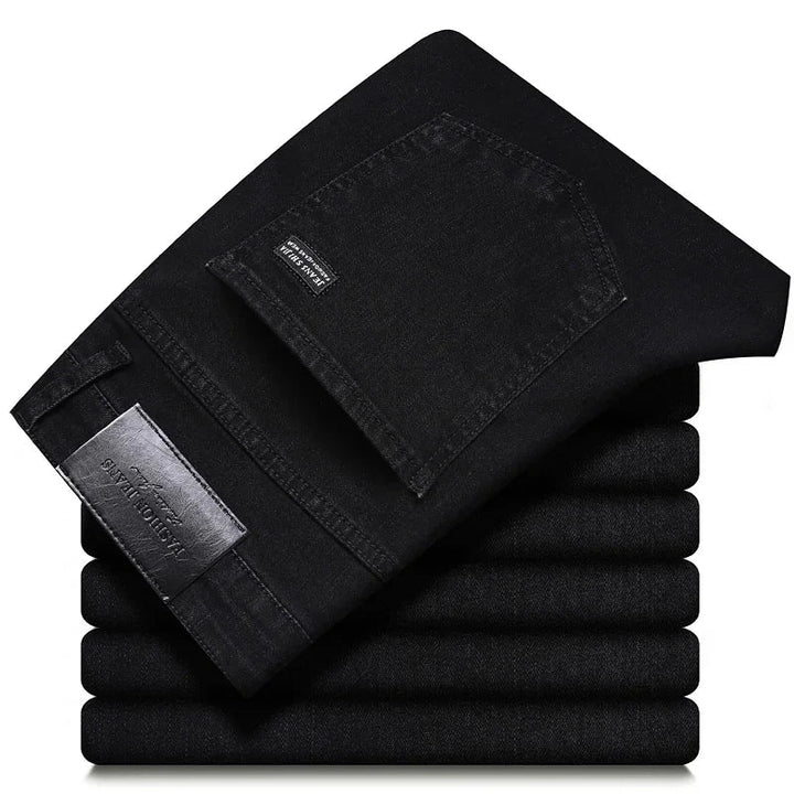 Versatile black men's straight-leg stretch denim jeans, durable and perfect for any casual look.