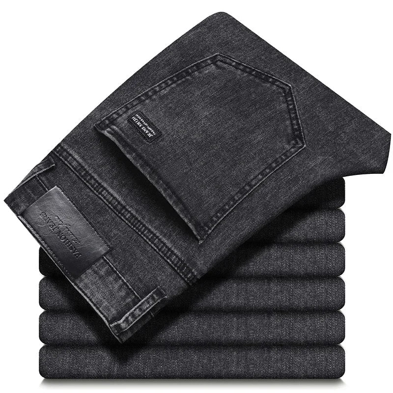 Gray straight-leg stretch denim jeans for men, a modern fit that combines style with comfort.