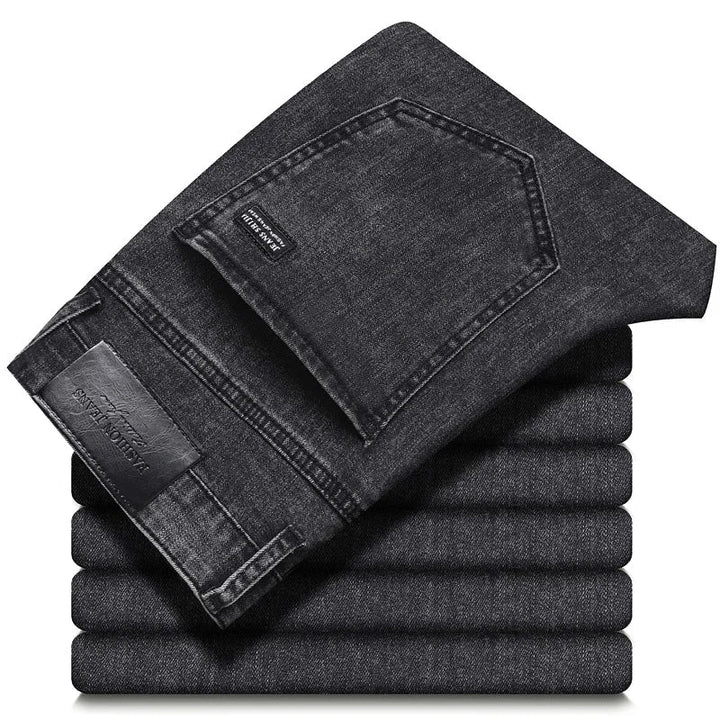 Gray straight-leg stretch denim jeans for men, a modern fit that combines style with comfort.