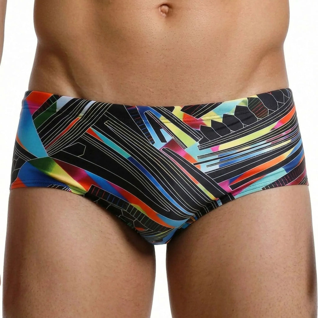 Stylish low-rise men's square cut swim trunks. Modern swimwear design for athletic build & active summer.