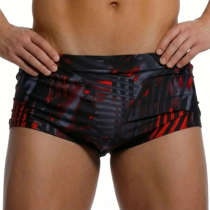 Men's square cut swim trunks. Performance swimwear for active pool, beach, and water sports.