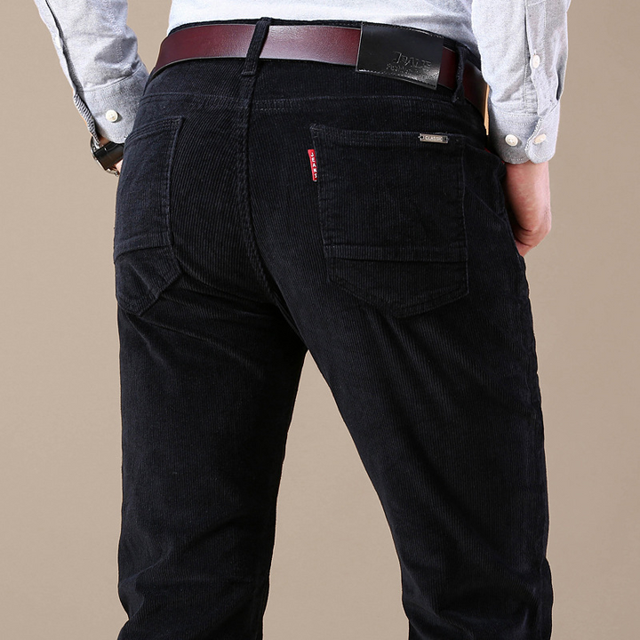 Men's stretch corduroy trousers, designed for freedom of movement and all-day comfort. Versatile fall fashion pants.