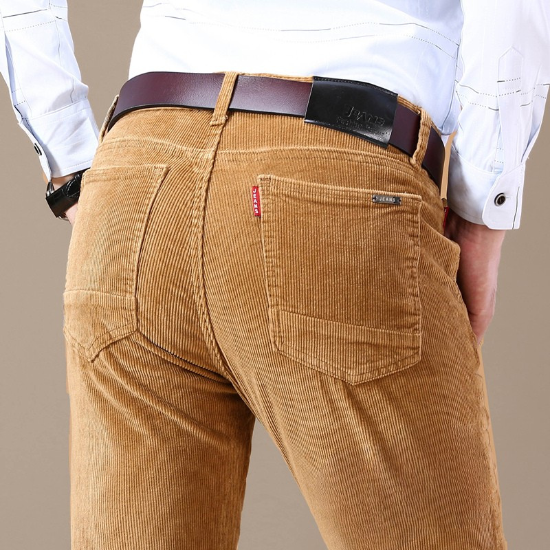 Soft cotton blend stretch corduroy men's trousers, offering all-day comfort and stylish casual wear. Tailored fit.