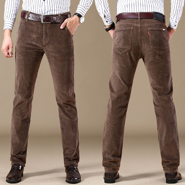 Tailored fit men's corduroy pants, perfect for comfortable casual fall fashion. Stretch fabric for ease of movement.