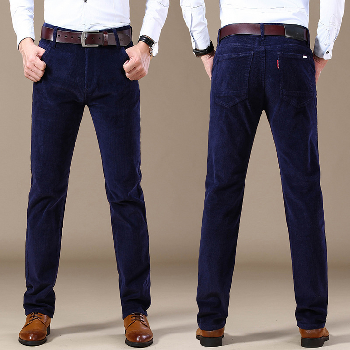 Close-up of men's stretch corduroy trousers, highlighting soft texture, quality cotton blend, and comfort features.
