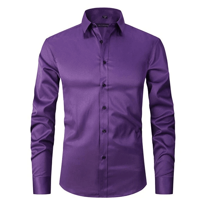 Formal men's stretch dress shirt with long sleeves, versatile for professional and everyday wear.