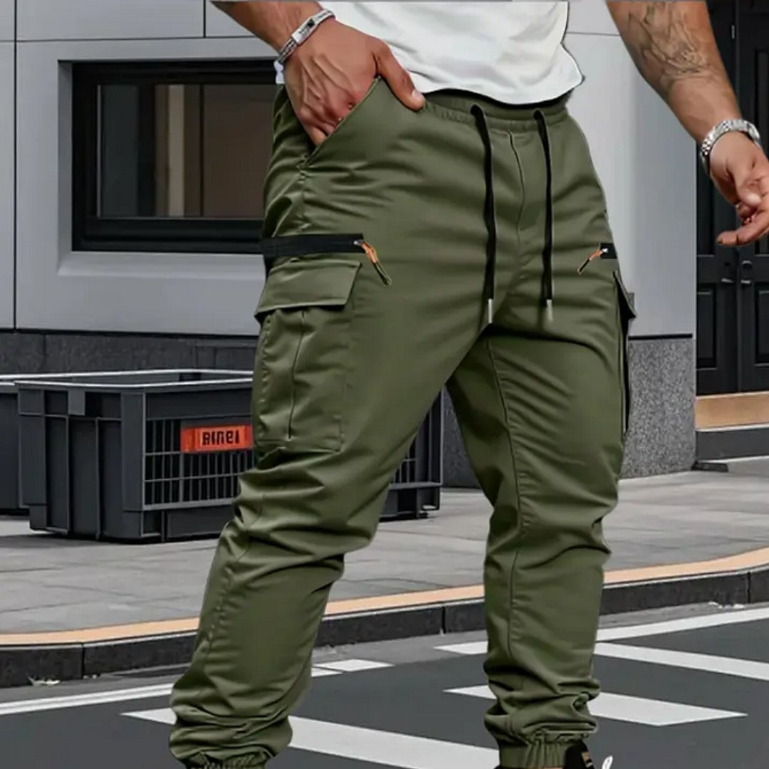 Casual men's tapered fit stretch cargo pants, comfortable for daily wear, travel, and active style.