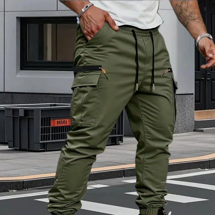 Casual men's tapered fit stretch cargo pants, comfortable for daily wear, travel, and active style.