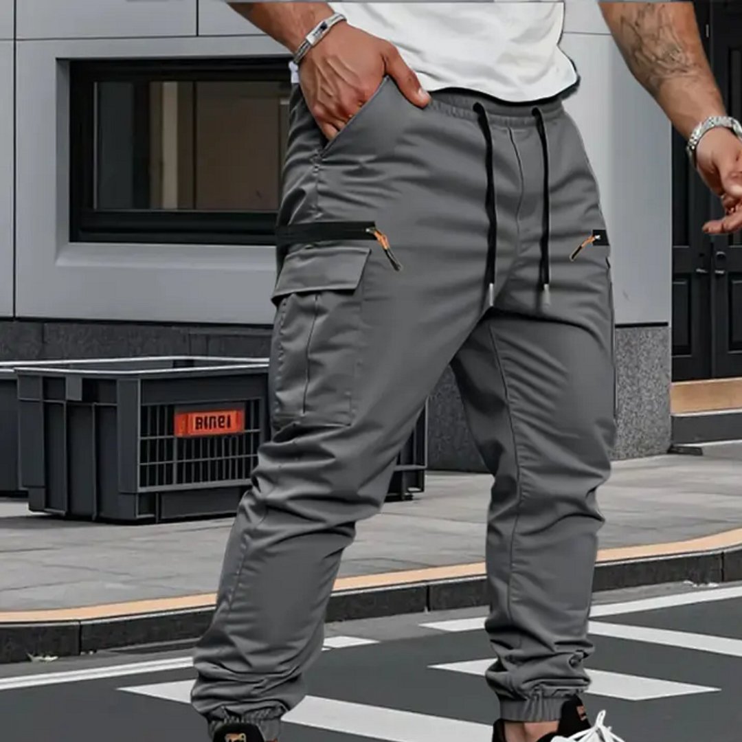Modern men's stretch cargo joggers, versatile for casual outings, active lifestyles, and travel comfort.