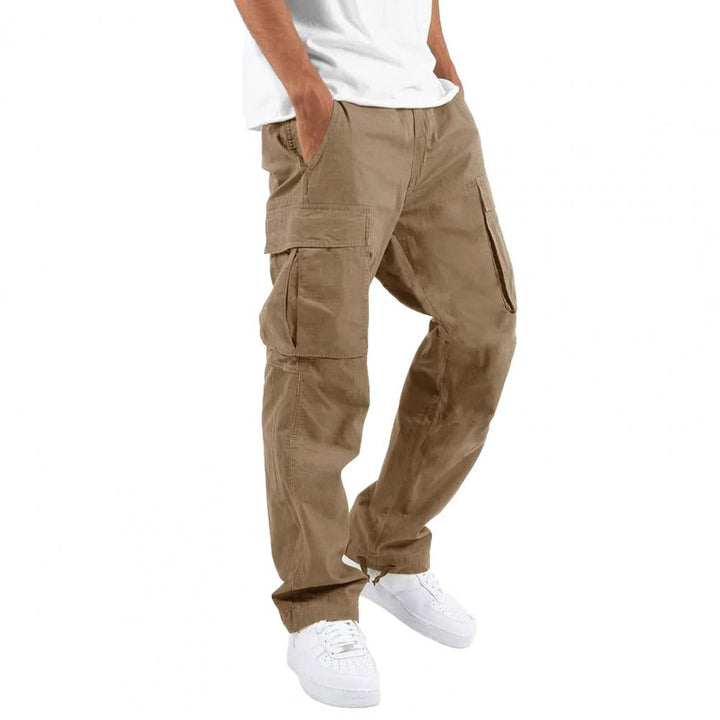 Men's stretch cargo trousers with elastic waist. Durable regular fit pants for outdoor activities & casual styling.