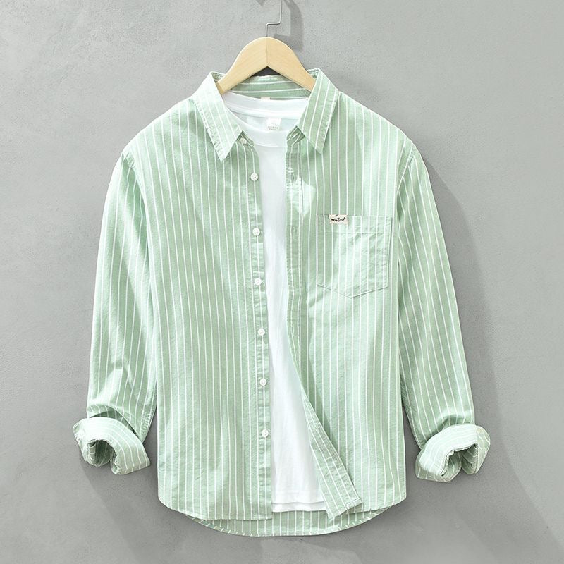 Stylish men's modern fit long sleeve striped shirt, perfect for casual spring and summer outfits.