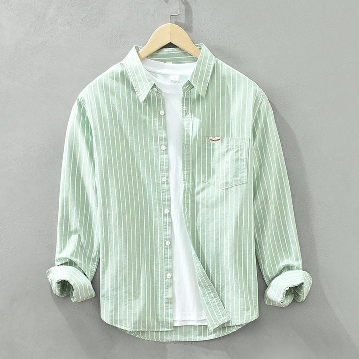 Stylish men's modern fit long sleeve striped shirt, perfect for casual spring and summer outfits.