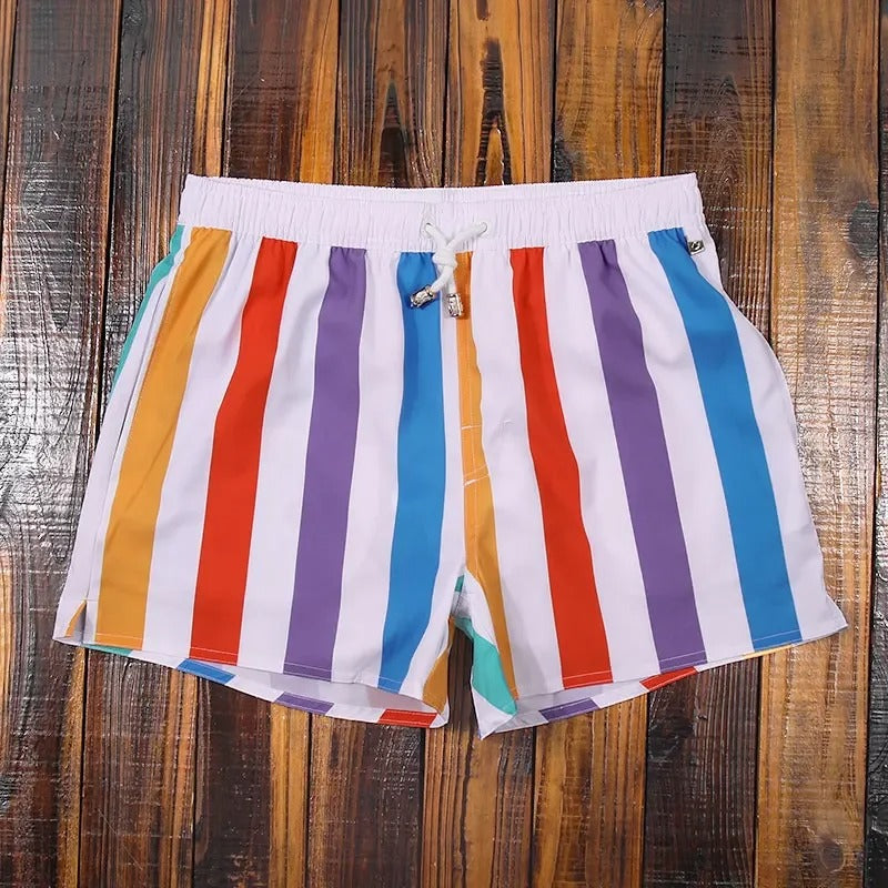 Men's striped casual shorts with elastic waist for summer leisure and beachwear.