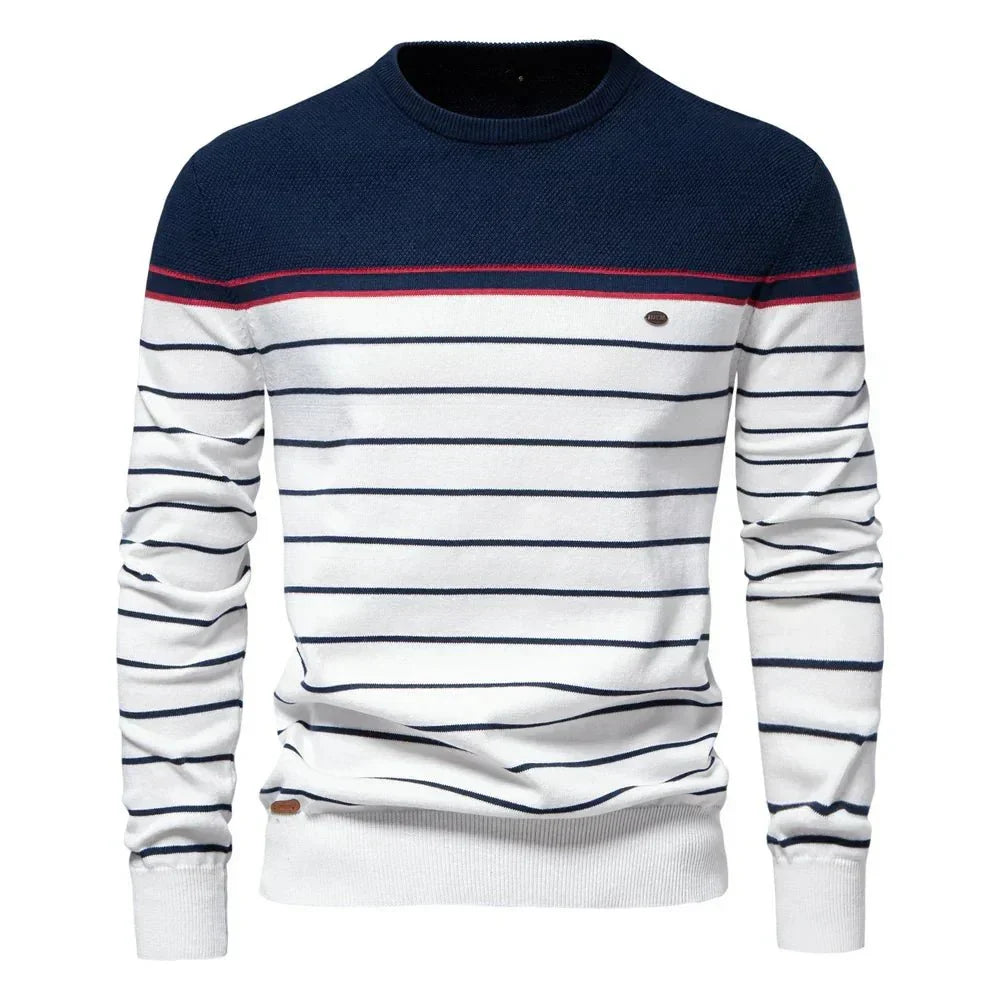 Men's striped crew neck pullover sweater, classic casual design, perfect for fall and winter.