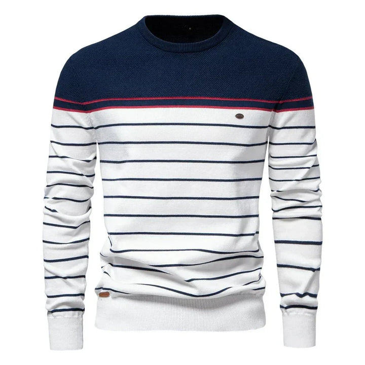 Men's striped crew neck pullover sweater, classic casual design, perfect for fall and winter.