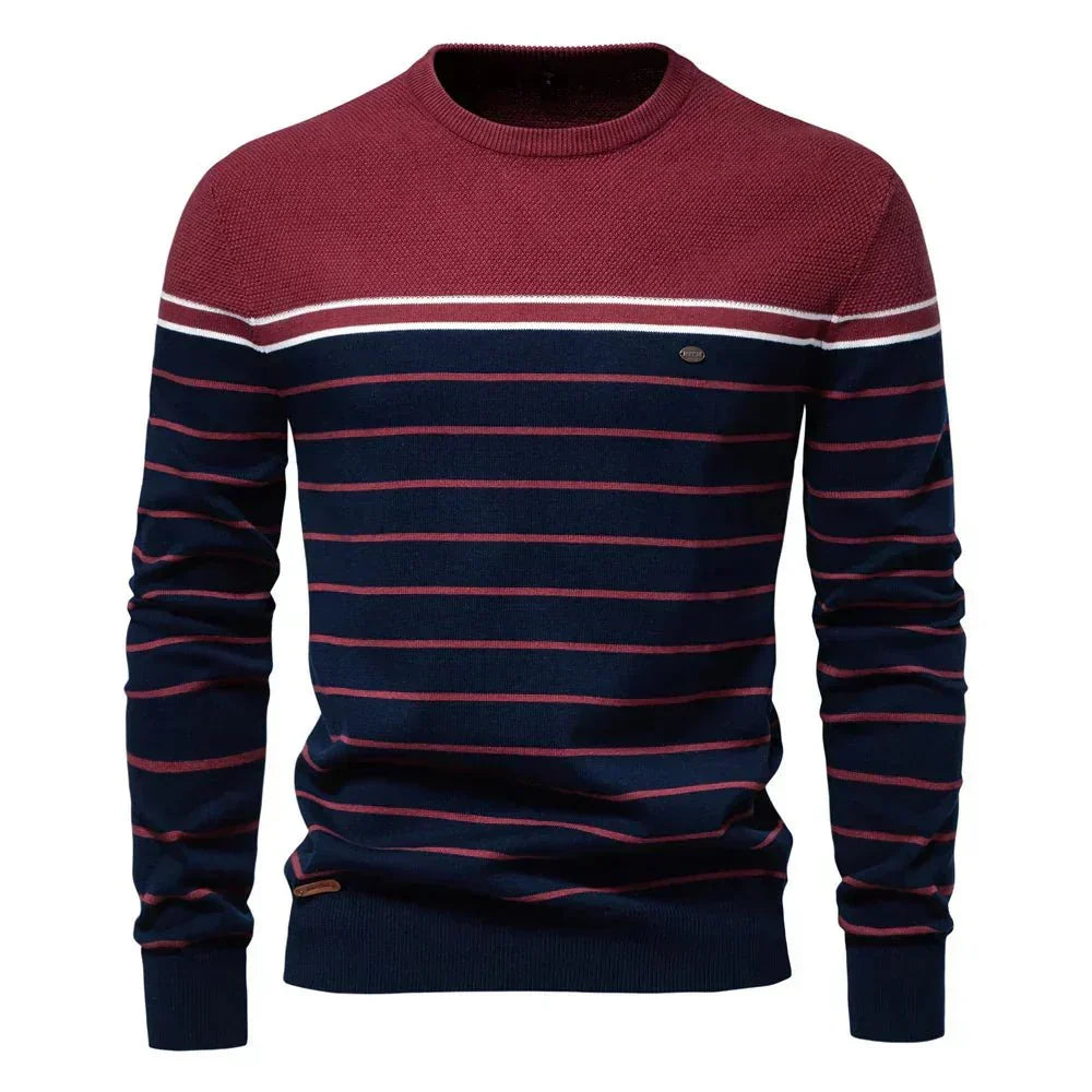 Comfortable men's long sleeve striped pullover sweater, warm crew neck for winter & fall.