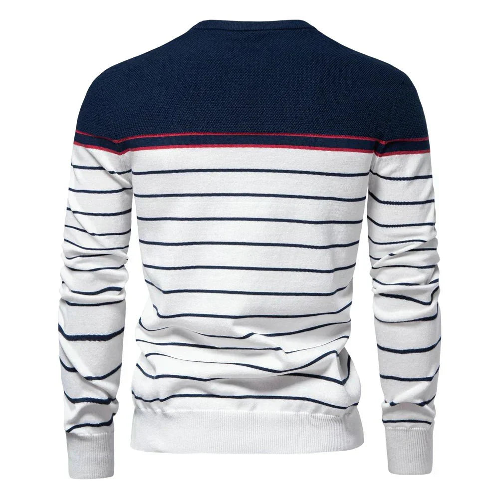 Versatile men's nautical striped crew neck sweater, casual & classic for everyday wear.