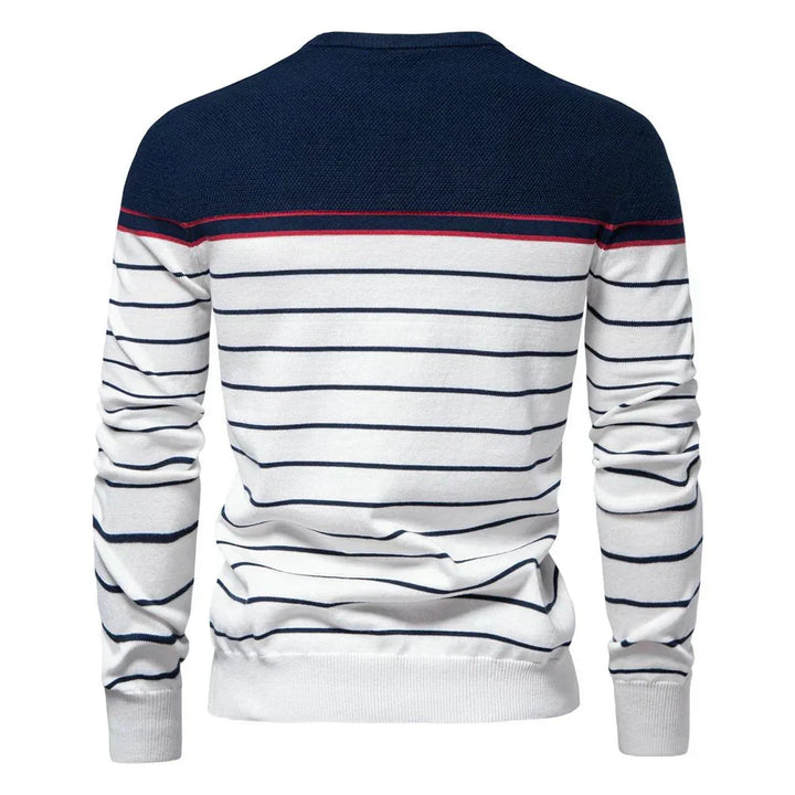 Versatile men's nautical striped crew neck sweater, casual & classic for everyday wear.