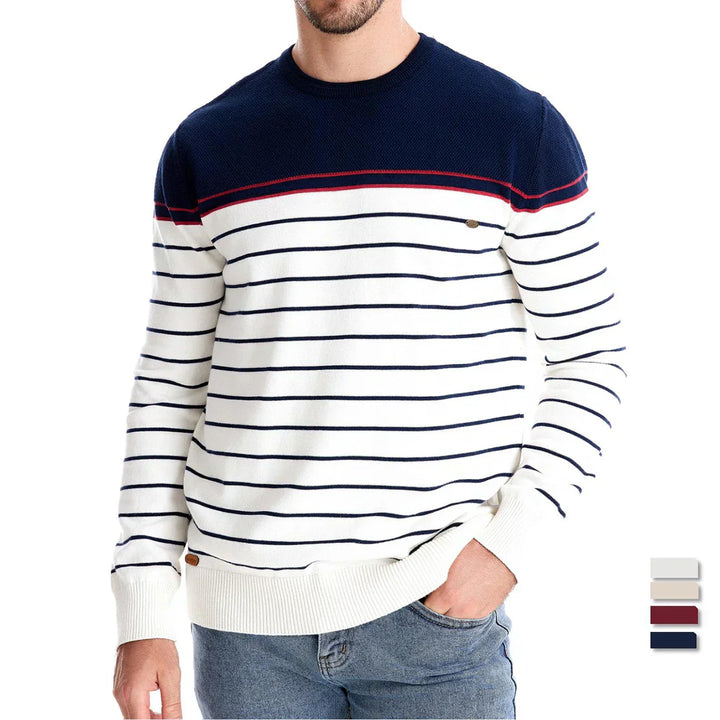 Men's long sleeve crew neck pullover sweater with stylish stripes, comfortable & warm for cold weather.