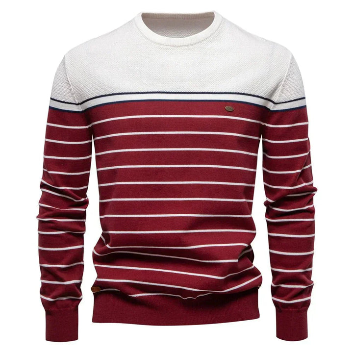 Warm men's striped pullover sweater, a classic crew neck essential for fall and winter.