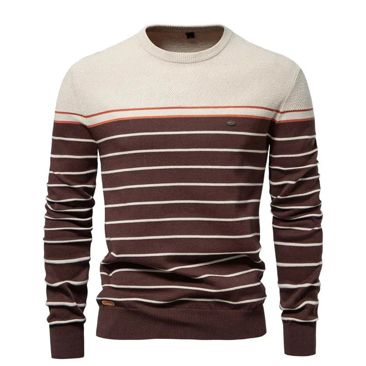 Casual men's striped crew neck pullover, versatile long sleeve sweater for a classic, comfortable look.