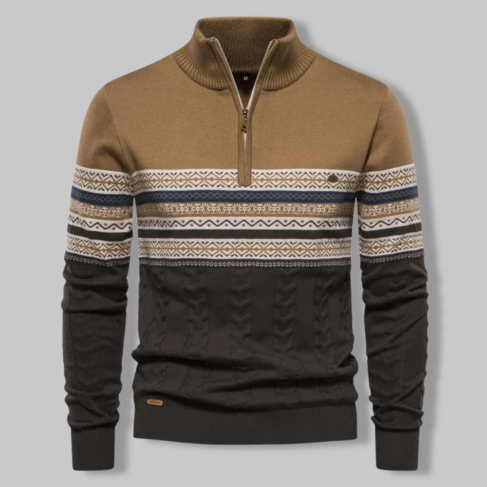 Stylish men's striped half-zip long sleeve sweater, SummitZip, offering comfort for everyday fashion.