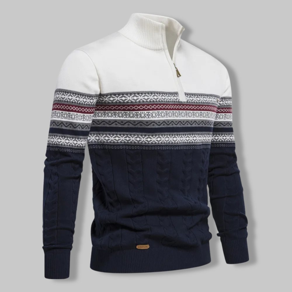 Close-up of men's striped half-zip pullover sweater, SummitZip, highlighting texture & modern fit.