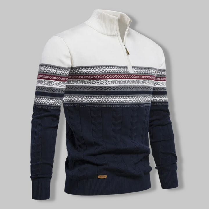 Close-up of men's striped half-zip pullover sweater, SummitZip, highlighting texture & modern fit.