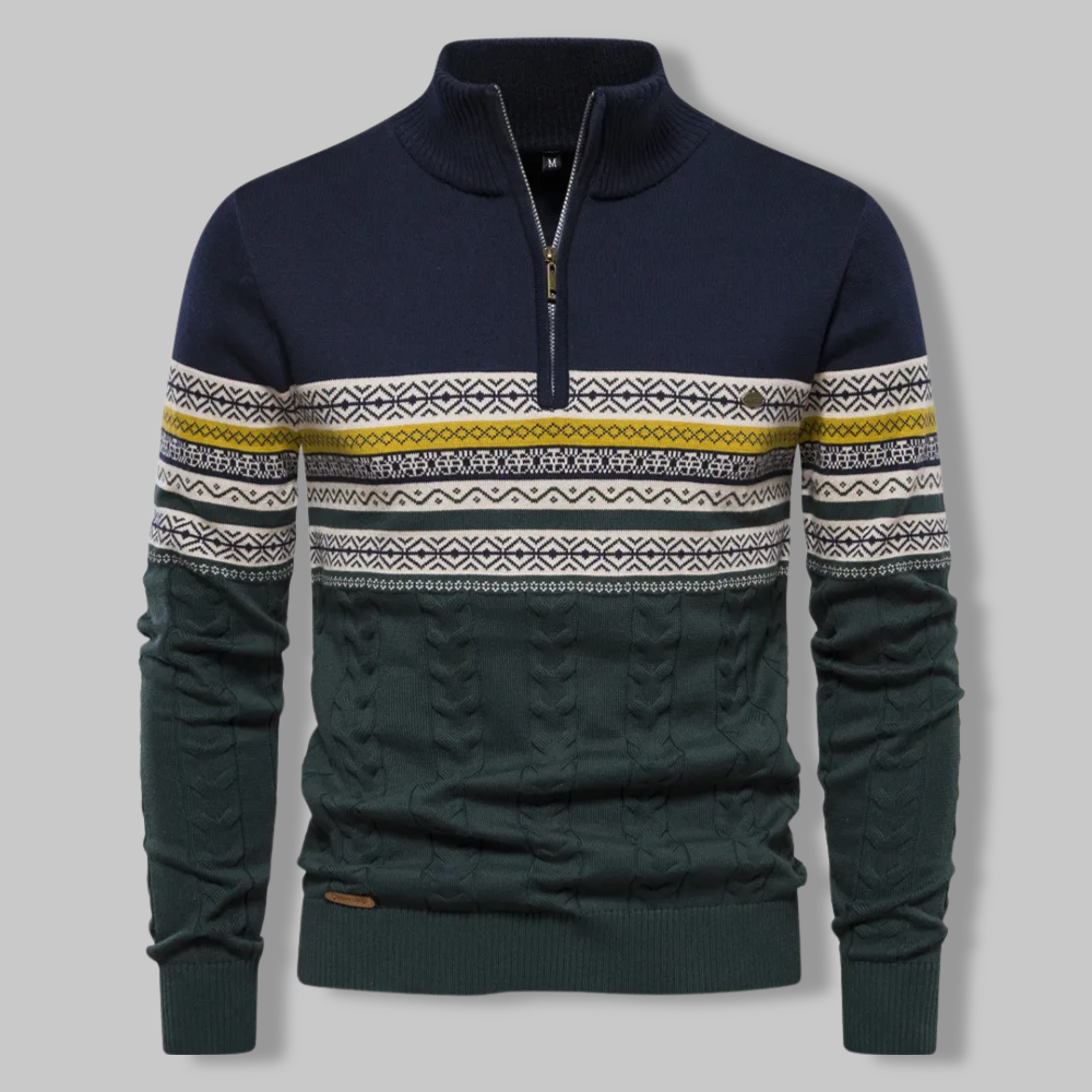 Men's versatile striped half-zip sweater, SummitZip, perfect for layering in various casual outfits.