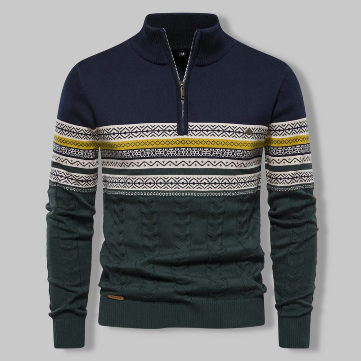 Men's versatile striped half-zip sweater, SummitZip, perfect for layering in various casual outfits.