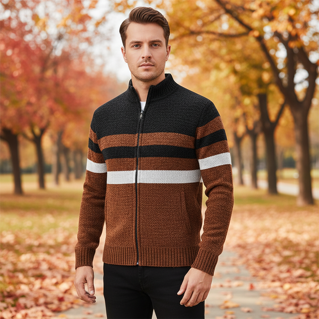 Men's striped knit sweater hoodie in gray and black, ideal for casual winter fashion