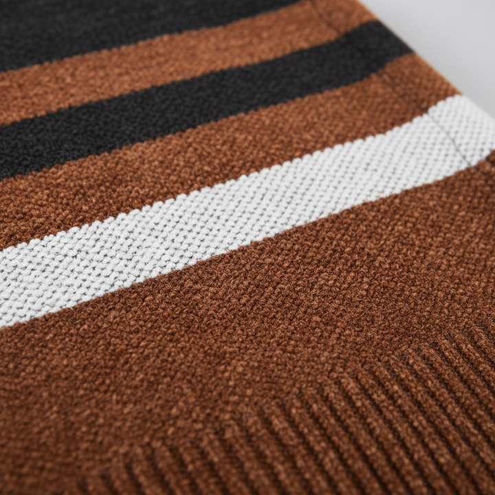Close-up of men's striped knit sweater hoodie texture, highlighting the knitwear detail