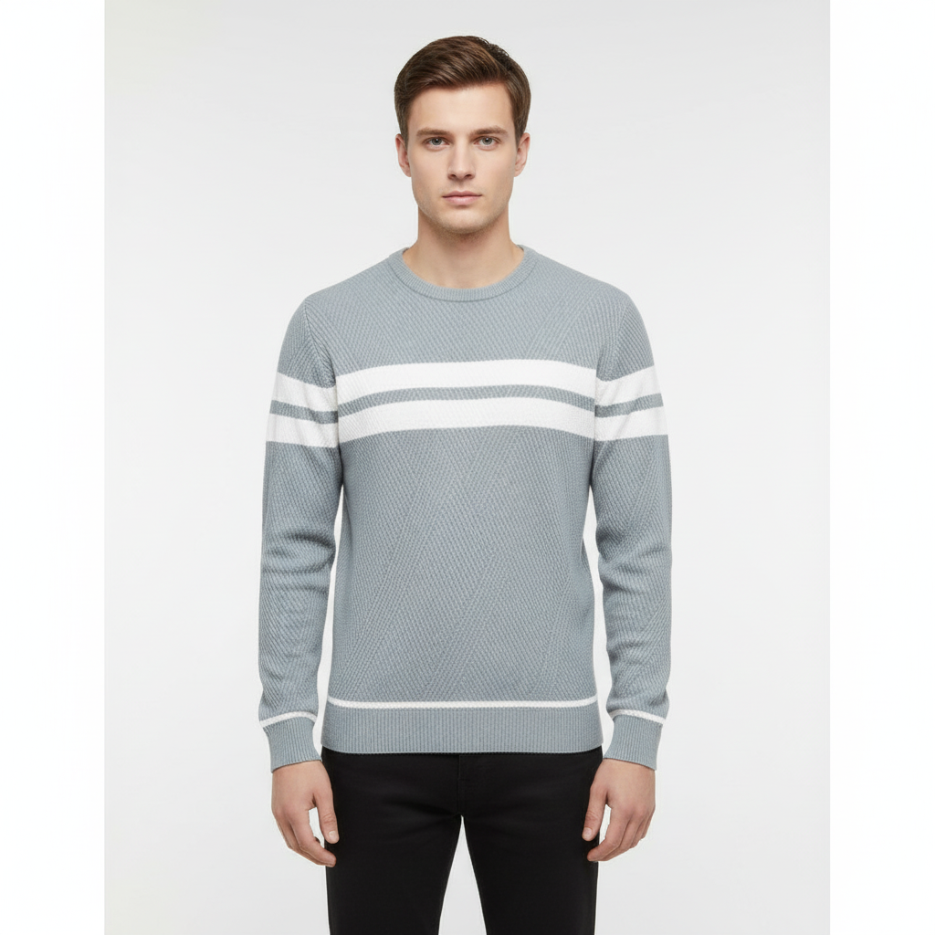 Fashionable men's crew neck knitted jumper, striped design, perfect for casual winter outfits