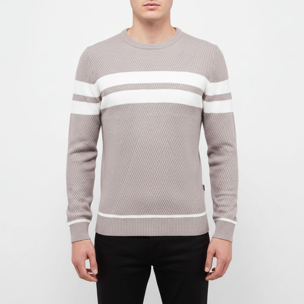 Close-up of men's striped jumper texture, showcasing soft knitted cotton blend fabric