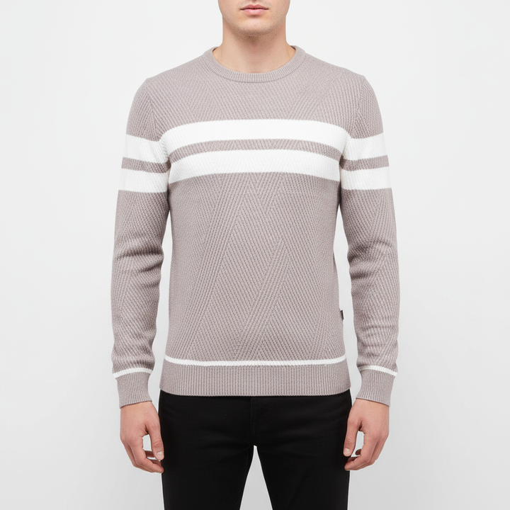 Close-up of men's striped jumper texture, showcasing soft knitted cotton blend fabric